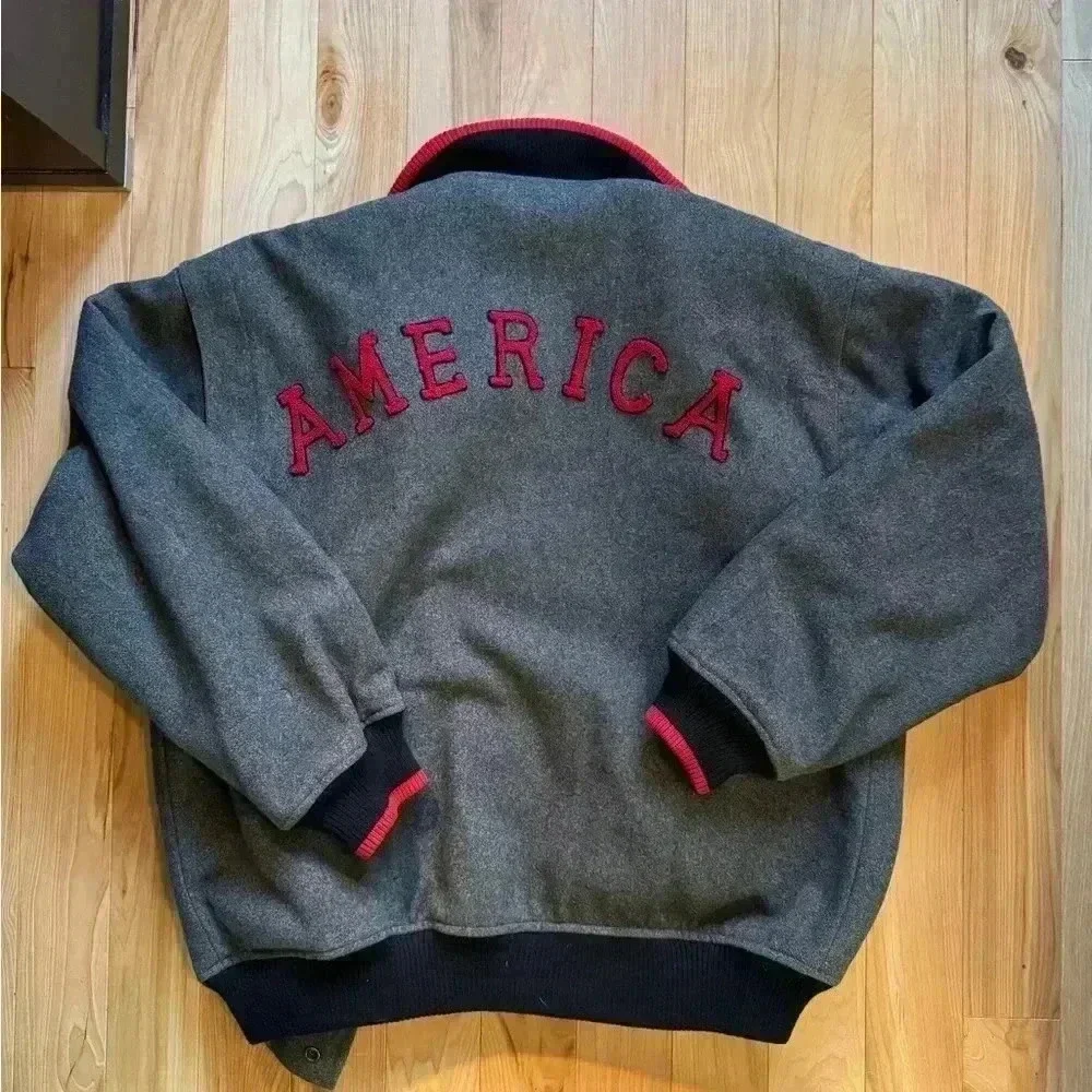 "Perry Ellis Levi Strauss ""AMERICA"" Vtg Bomber Wool Grey Jacket Large Korea" L - Picture 3 of 6